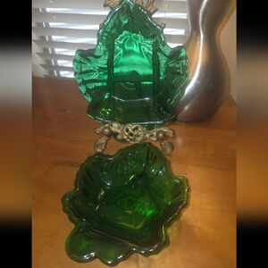 Anchor Hocking Fire King Forest Green Maple Leaf Candy Dishes Set 2 Vintage